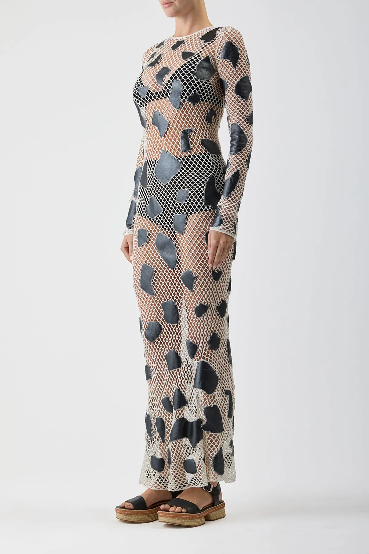 Romeo Crochet Maxi Dress in White Merino Wool with Black Metallic Nappa Leather Patches sold by Gabriela Hearst product image thumbnail 4