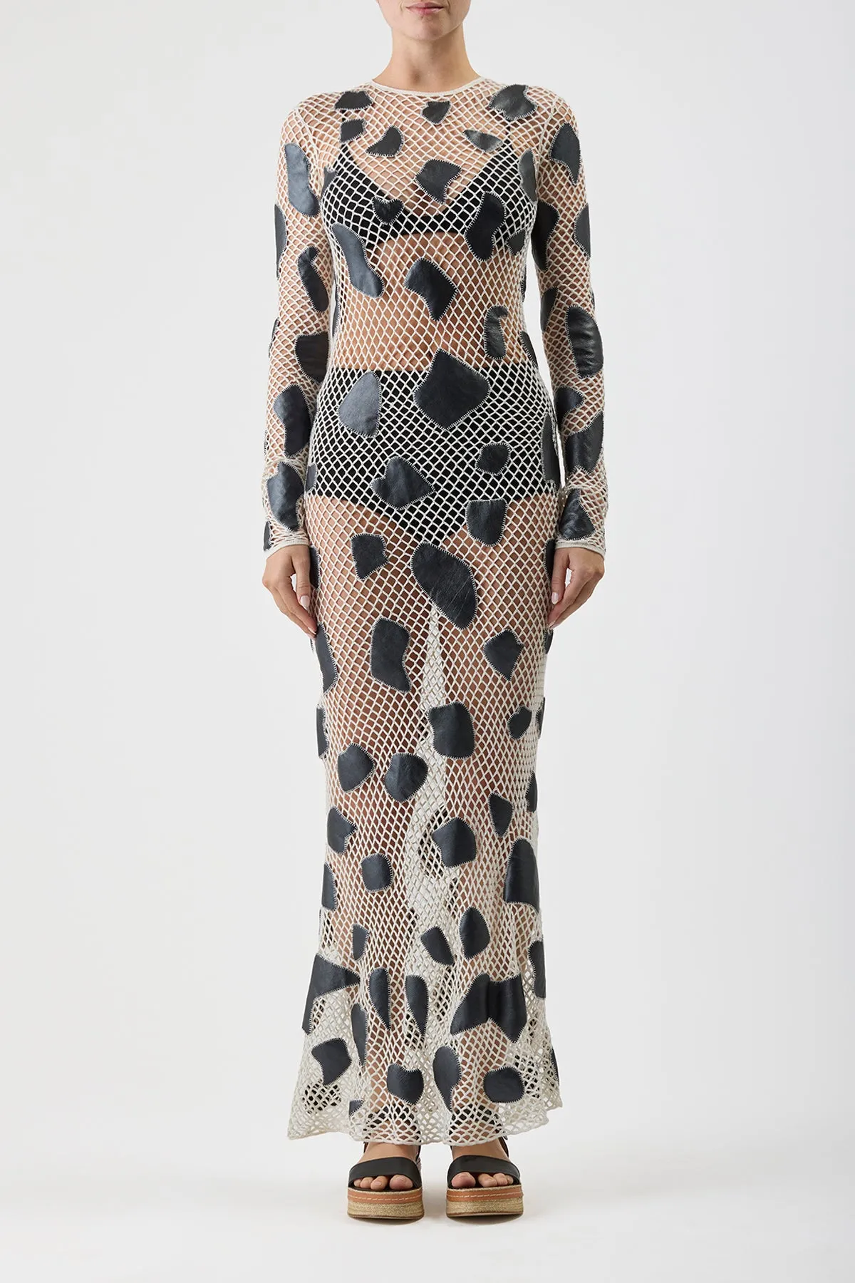 Romeo Crochet Maxi Dress in White Merino Wool with Black Metallic Nappa Leather Patches sold by Gabriela Hearst product image thumbnail 3