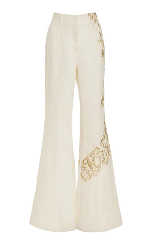 Rhein Embroidered Pant in Ivory Textured Linen sold by Gabriela Hearst