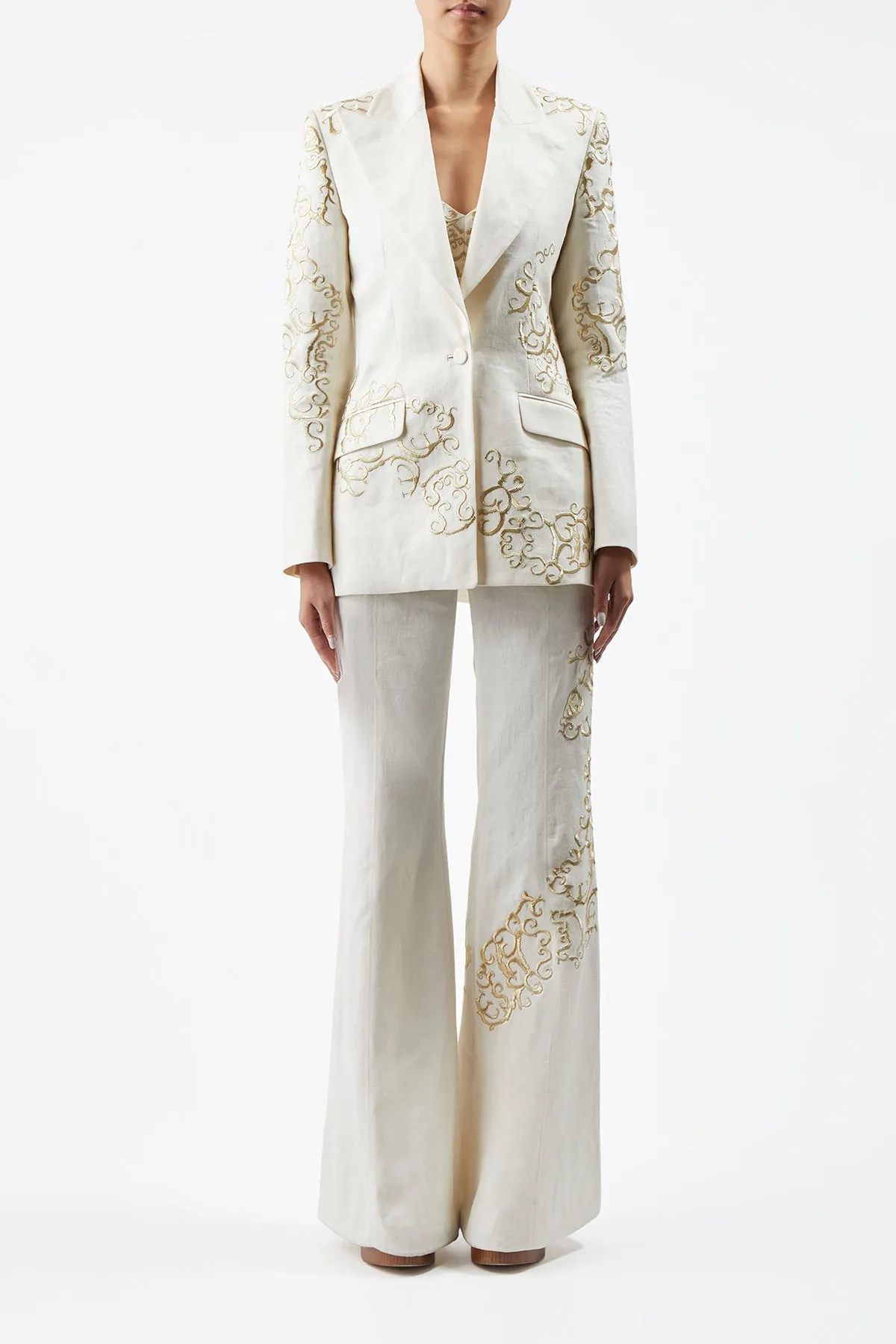 Rhein Embroidered Pant in Ivory Textured Linen sold by Gabriela Hearst product image thumbnail 3