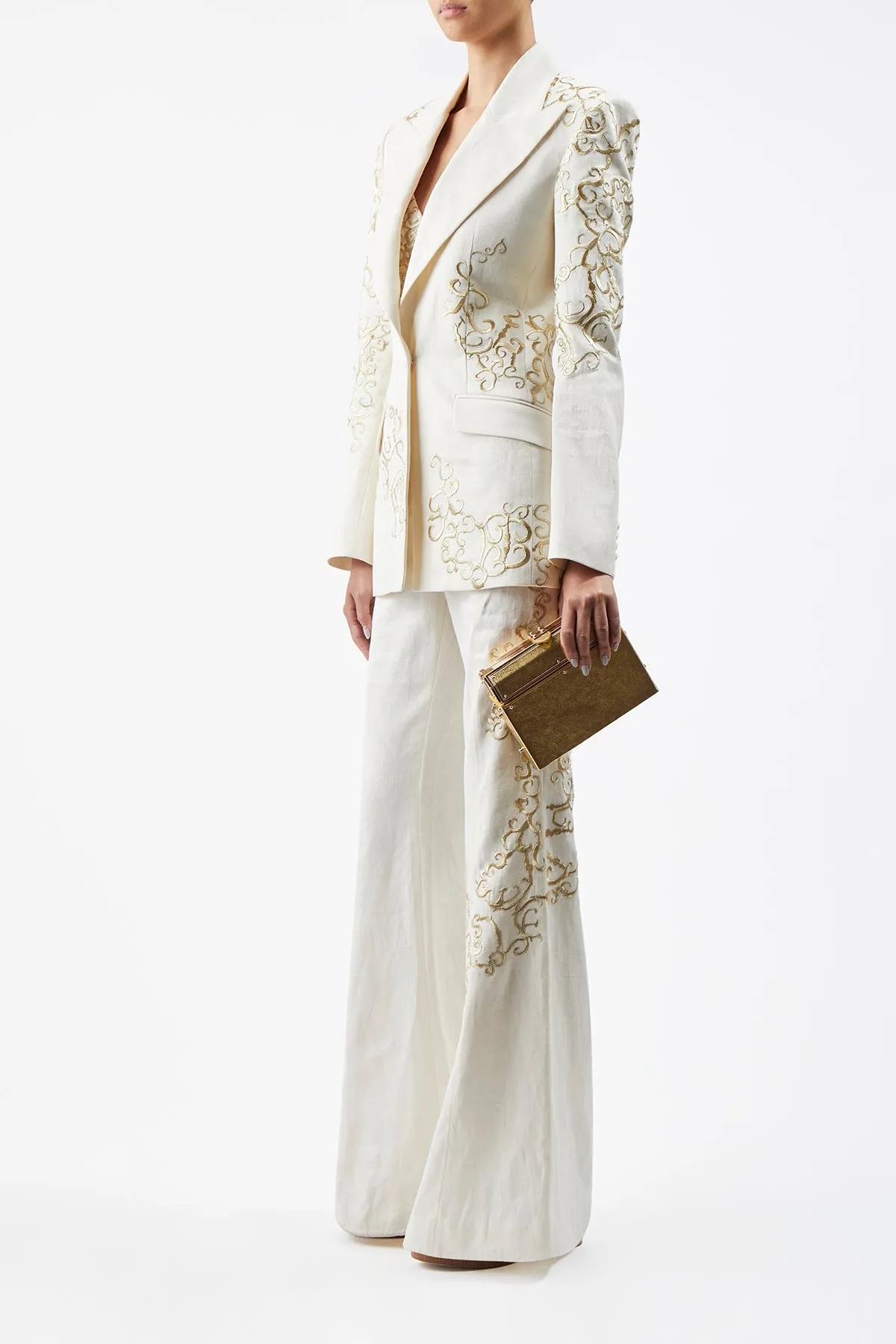 Rhein Embroidered Pant in Ivory Textured Linen sold by Gabriela Hearst product image thumbnail 4