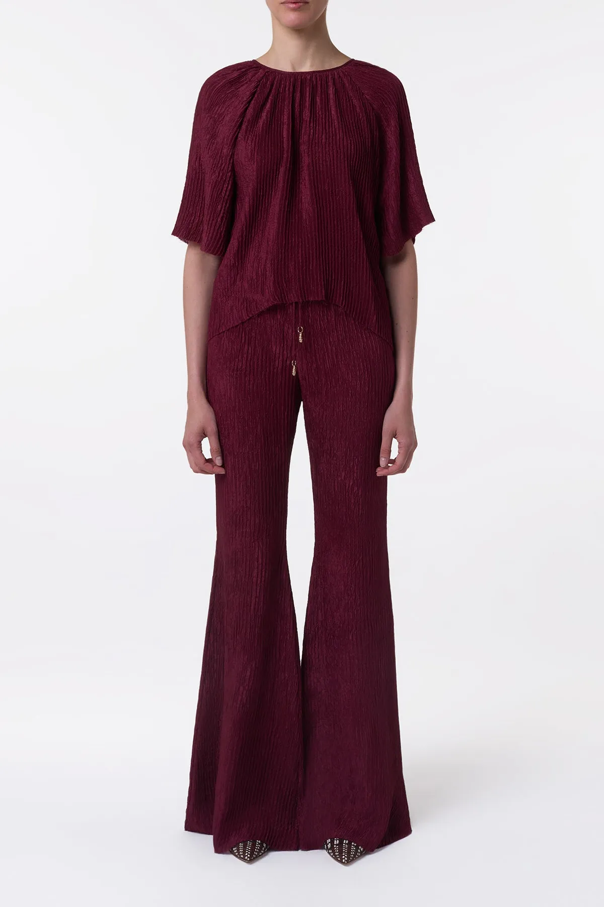 Claude Flare Pant in Bordeaux Plisse Silk sold by Gabriela Hearst product image thumbnail 2