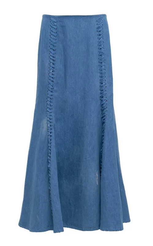 Dion Laces Maxi Skirt in Light Blue Recycled Cotton Linen Denim sold by Gabriela Hearst