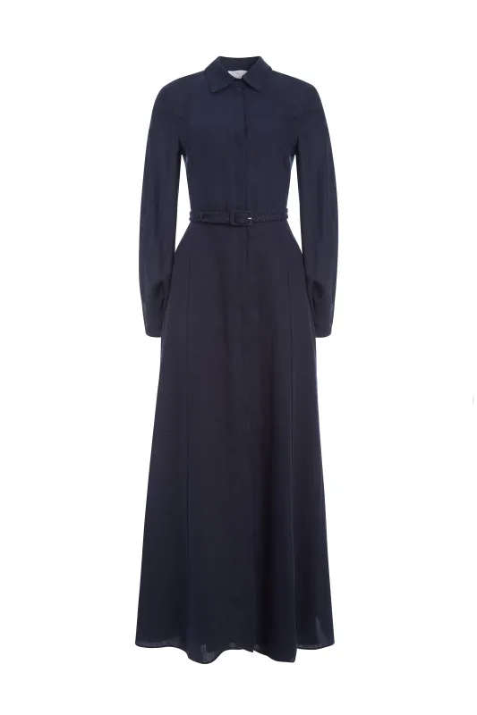 Breton Maxi Shirtdress with Slip in Navy Aloe Linen made by Gabriela Hearst