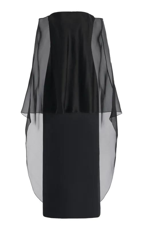 Marisha Maxi Dress in Black Textured Linen with Silk Organza Sheer Cape sold by Gabriela Hearst