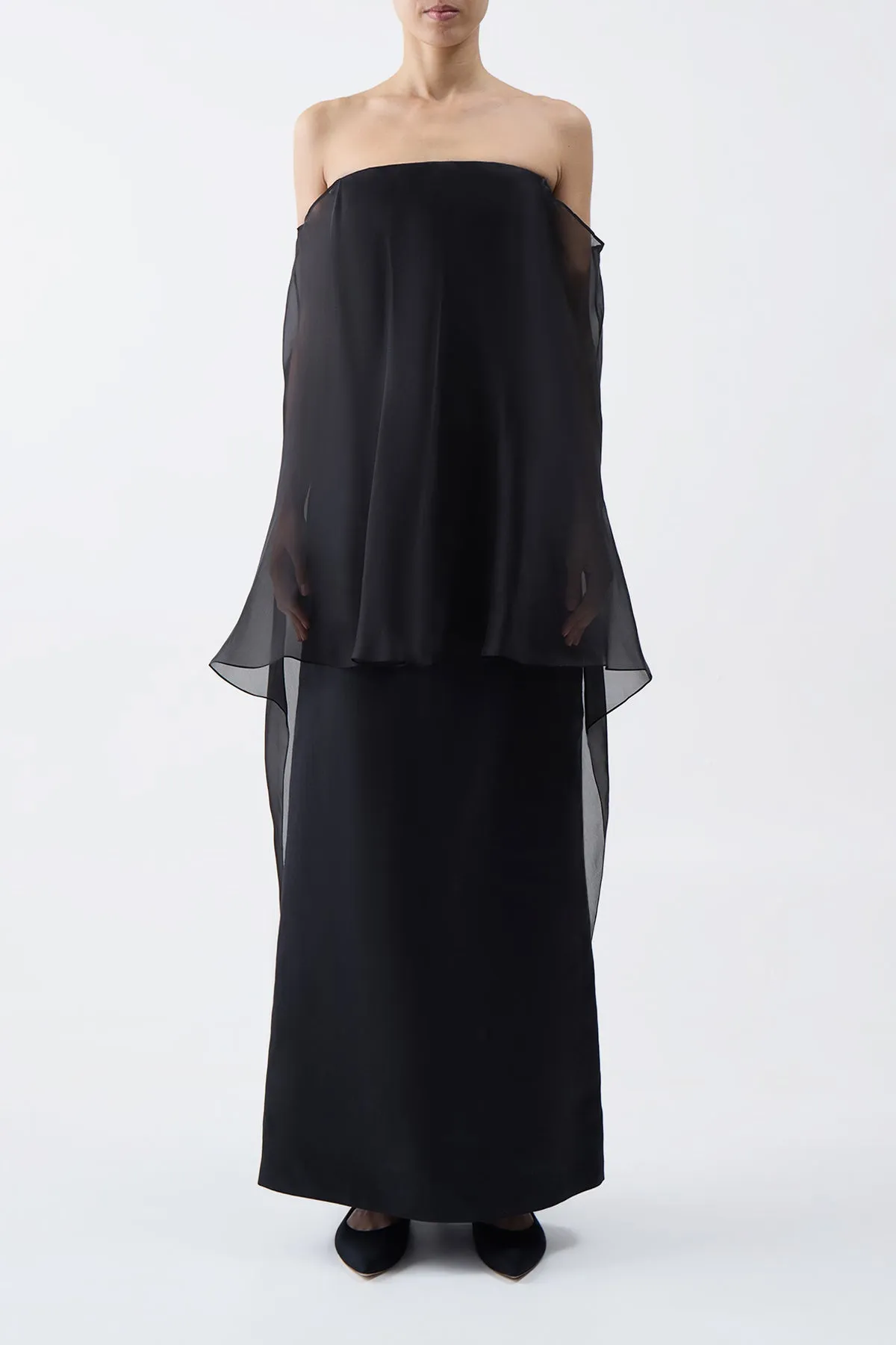 Marisha Maxi Dress in Black Textured Linen with Silk Organza Sheer Cape sold by Gabriela Hearst product image thumbnail 2