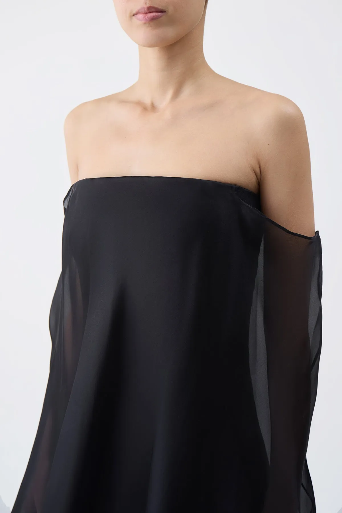 Marisha Maxi Dress in Black Textured Linen with Silk Organza Sheer Cape sold by Gabriela Hearst product image thumbnail 5