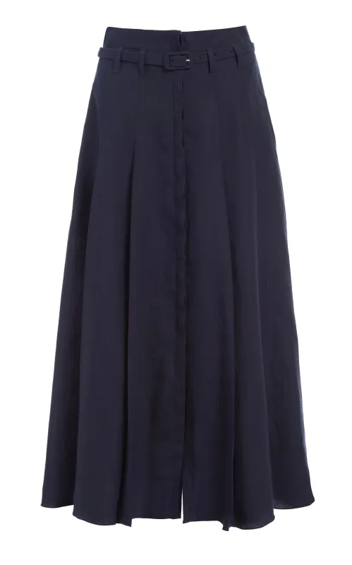 Dugald Pleated Midi Skirt in Navy Aloe Linen sold by Gabriela Hearst