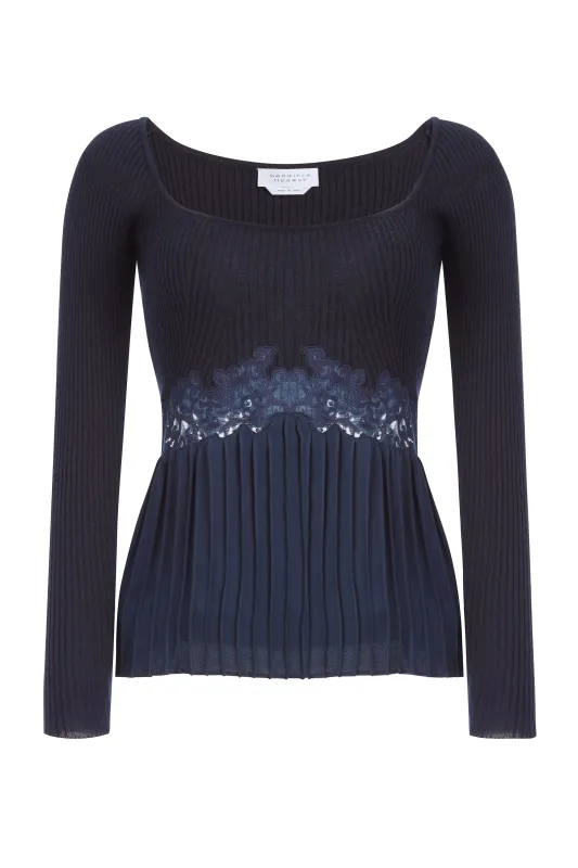 Fini Lace Top in Navy Silk Crepe sold by Gabriela Hearst