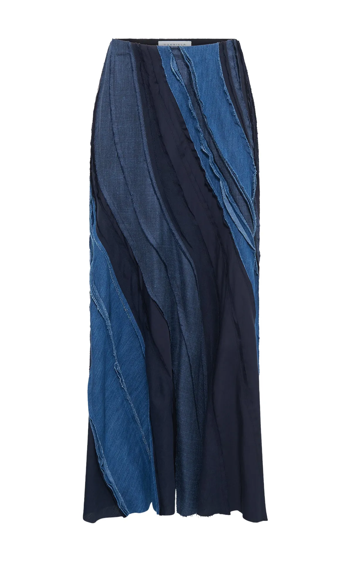 Elora Patchwork Midi Skirt in Medium Blue Recycled Cotton Linen Denim sold by Gabriela Hearst