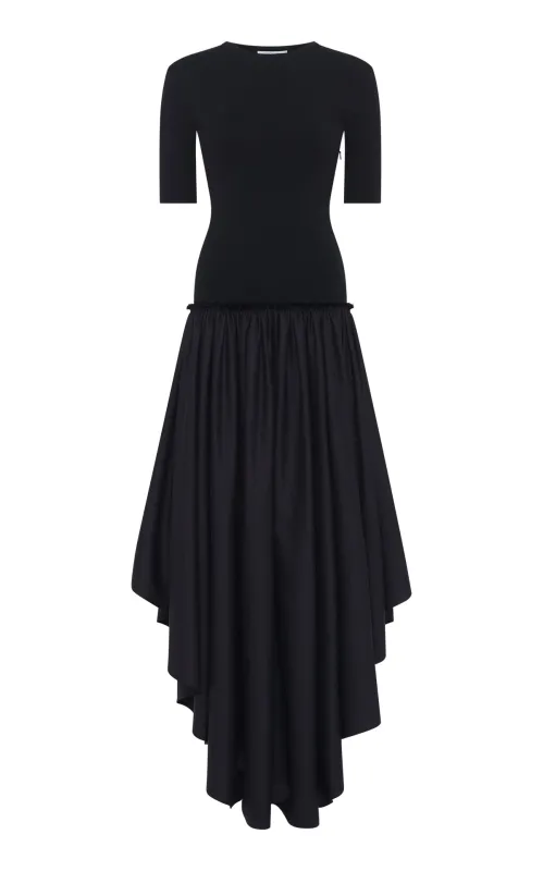 Sirona Pleated Maxi Dress in Black Virgin Wool Silk with Linen sold by Gabriela Hearst