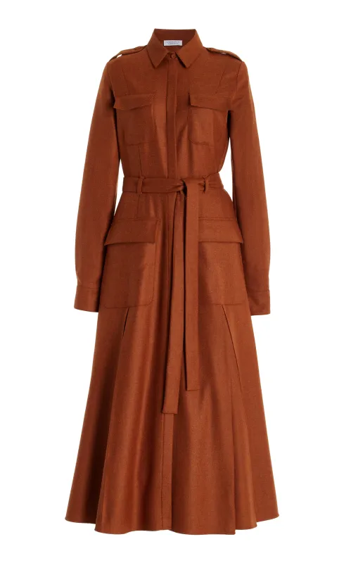 Roe Maxi Shirtdress in Rust Melange Virgin Wool Cashmere Flannel sold by Gabriela Hearst