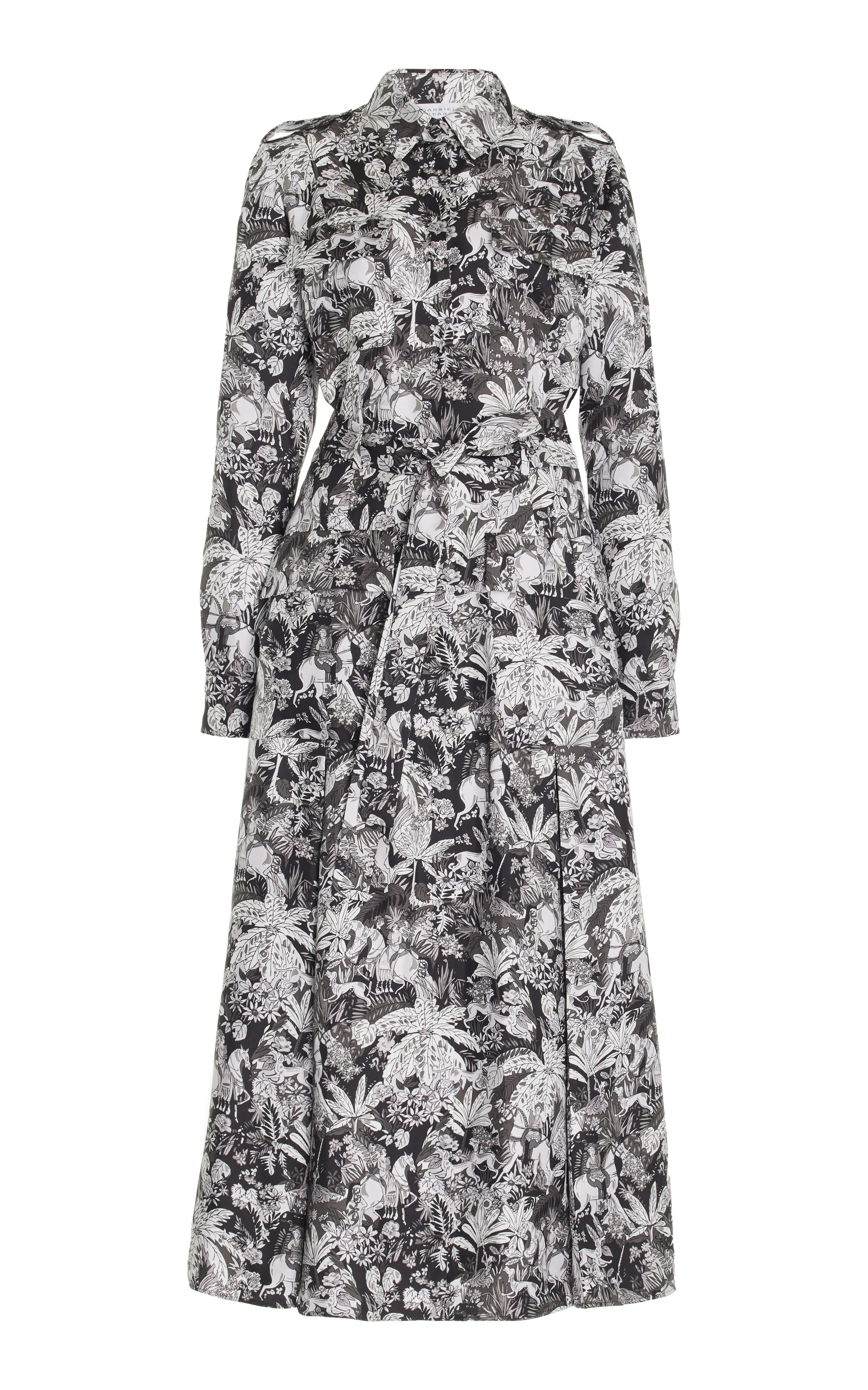 Galway Maxi Shirtdress in Grey Scale Printed Silk Twill sold by Gabriela Hearst