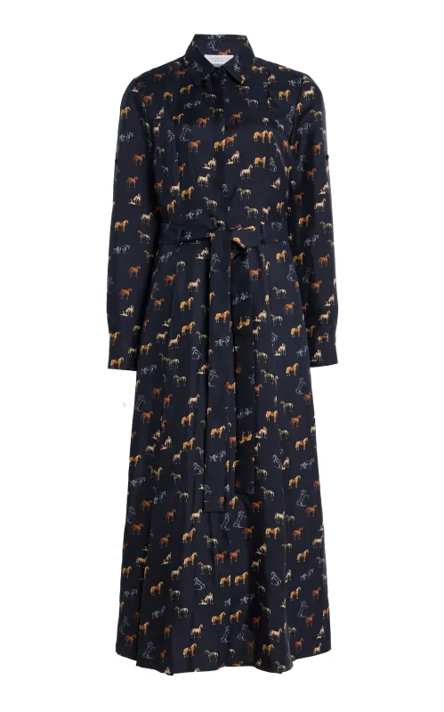 Galway Maxi Shirtdress in Dark Navy Multi Printed Silk sold by Gabriela Hearst