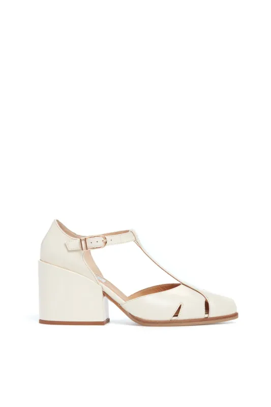 Hawes T-Strap Block Heel Sandal in Cream Leather made by Gabriela Hearst