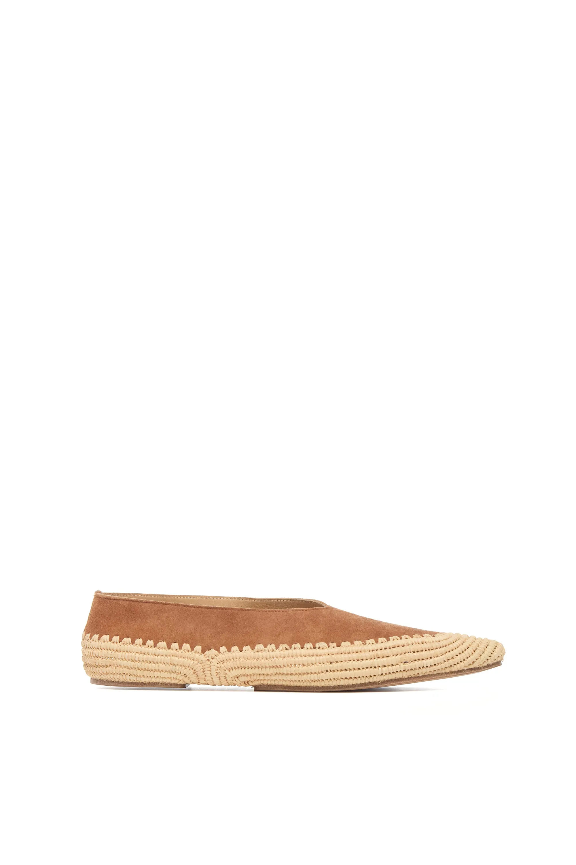 Strength Flat in Camel Suede & Natural Raffia sold by Gabriela Hearst