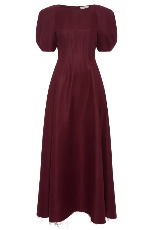 Ranya Puff Sleeve Maxi Dress in Bordeaux Linen Twill made by Gabriela Hearst