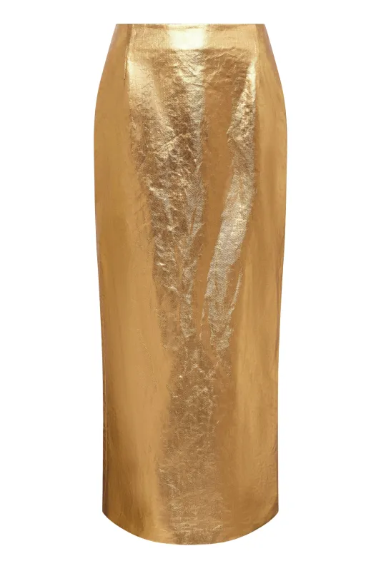 Manuela Skirt in Metallic Gold Linen Twill sold by Gabriela Hearst
