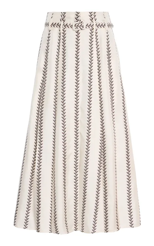 Dugald Pleated Midi Skirt in Ivory Multi Printed Silk Twill sold by Gabriela Hearst