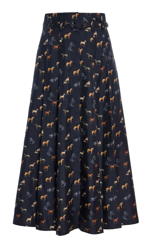 Dugald Pleated Midi Skirt in Dark Navy Multi Printed Silk Twill sold by Gabriela Hearst