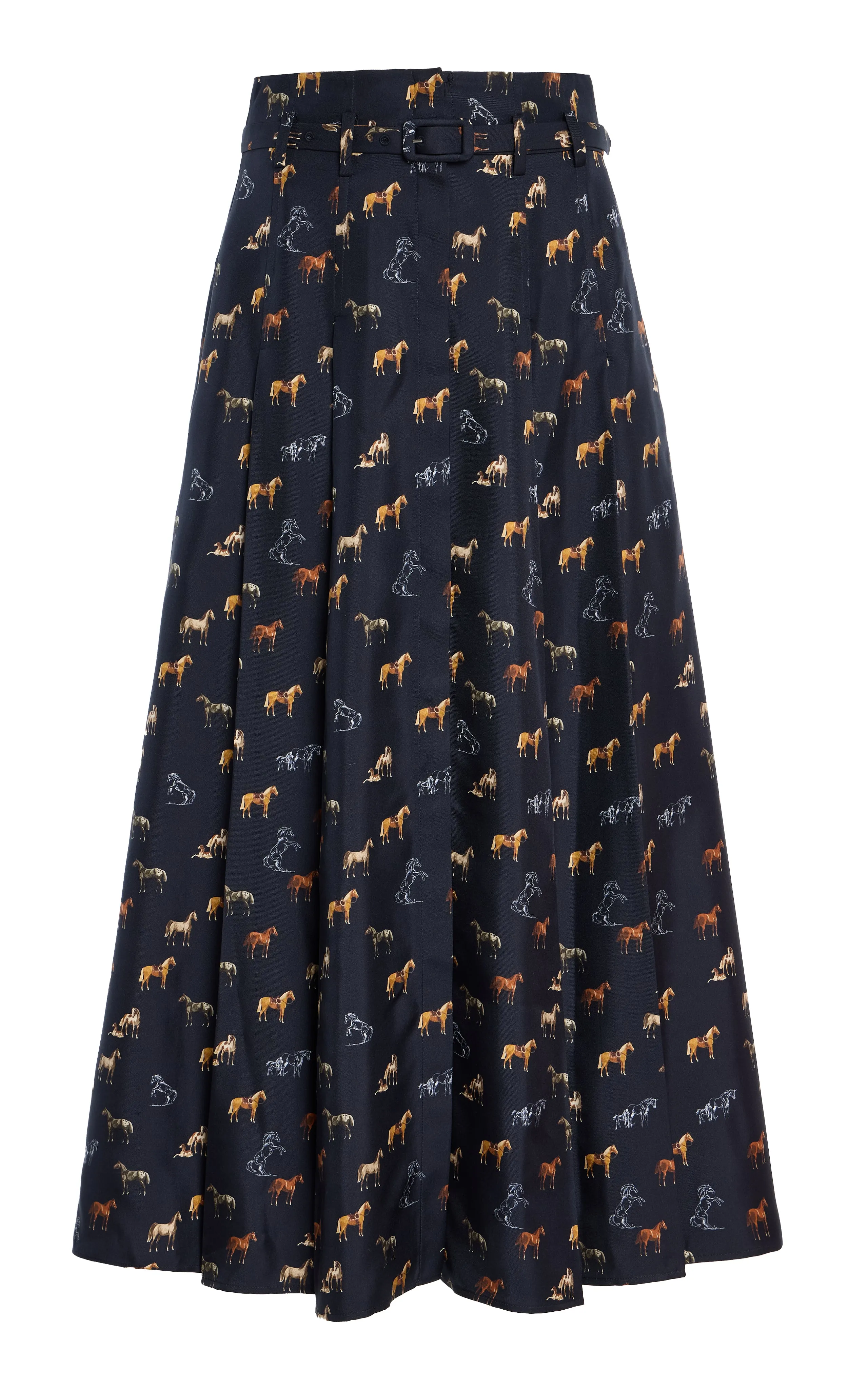 Dugald Pleated Midi Skirt in Dark Navy Multi Printed Silk Twill sold by Gabriela Hearst