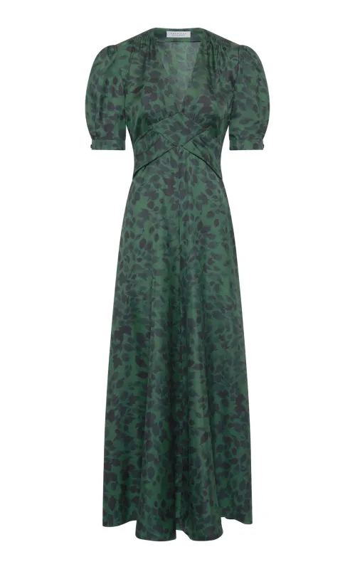 Larkin Maxi Dress in English Green Printed Silk Twill made by Gabriela Hearst