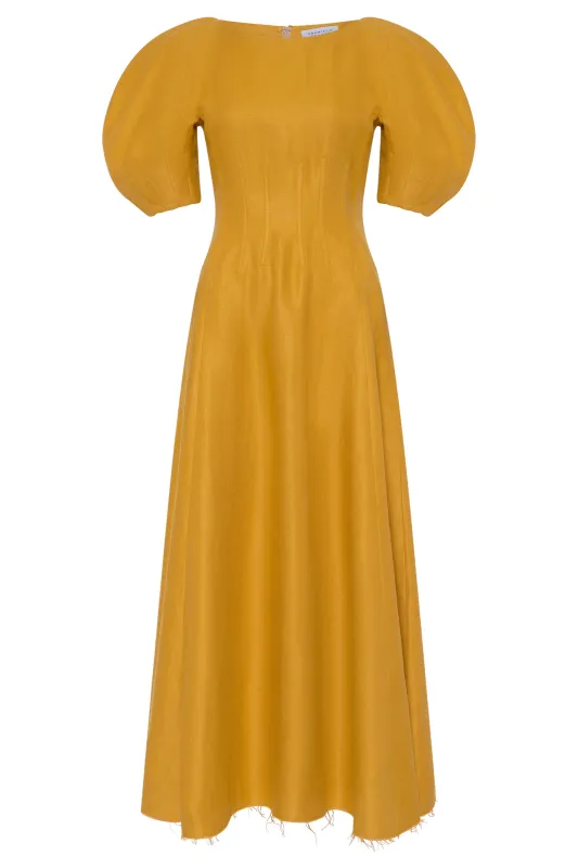Ranya Puff Sleeve Maxi Dress in Golden Birch Linen Twill made by Gabriela Hearst