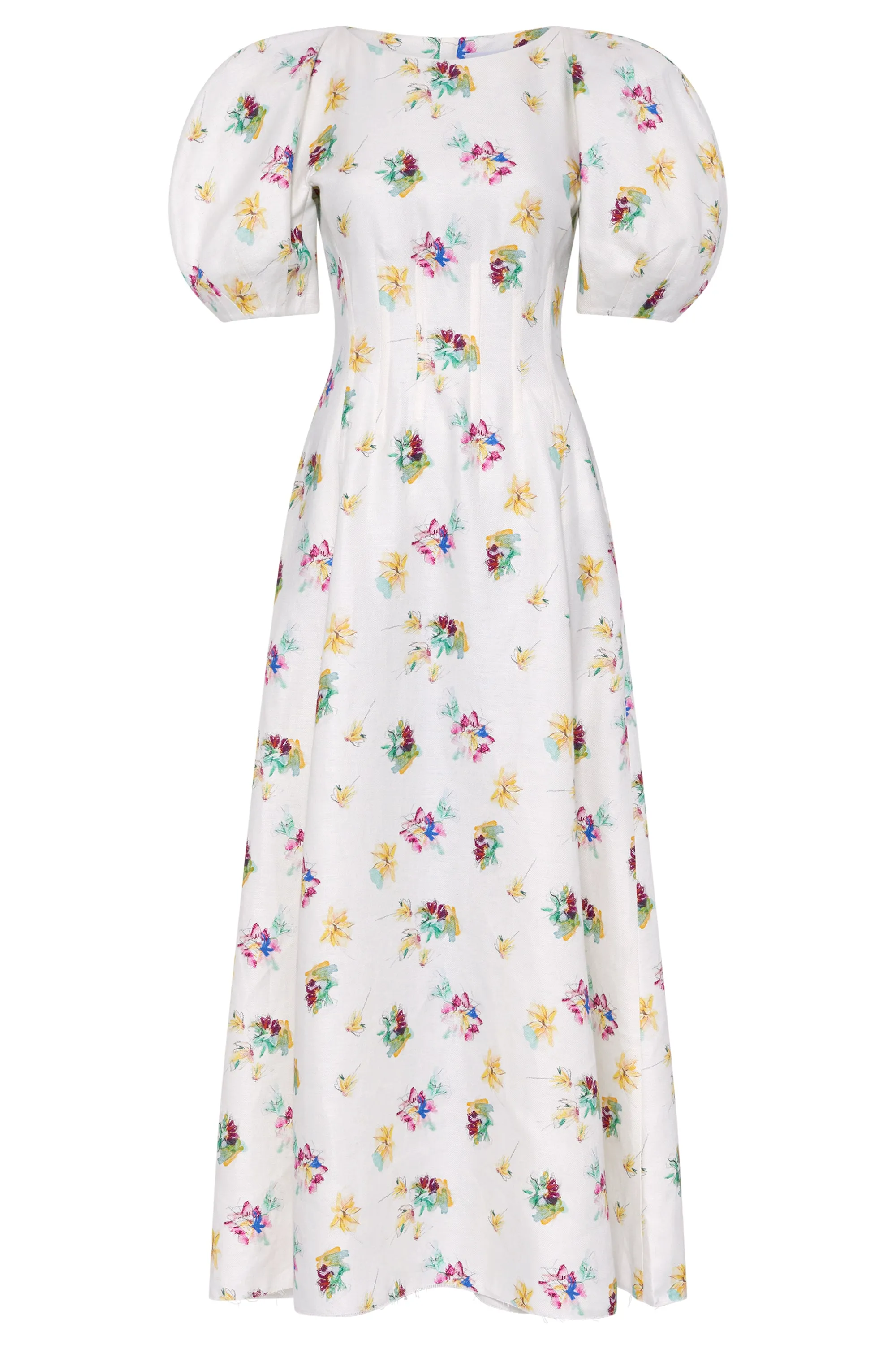 Ranya Puff Sleeve Mia's Flowers Maxi Dress in Ivory Multi Printed Linen Twill sold by Gabriela Hearst