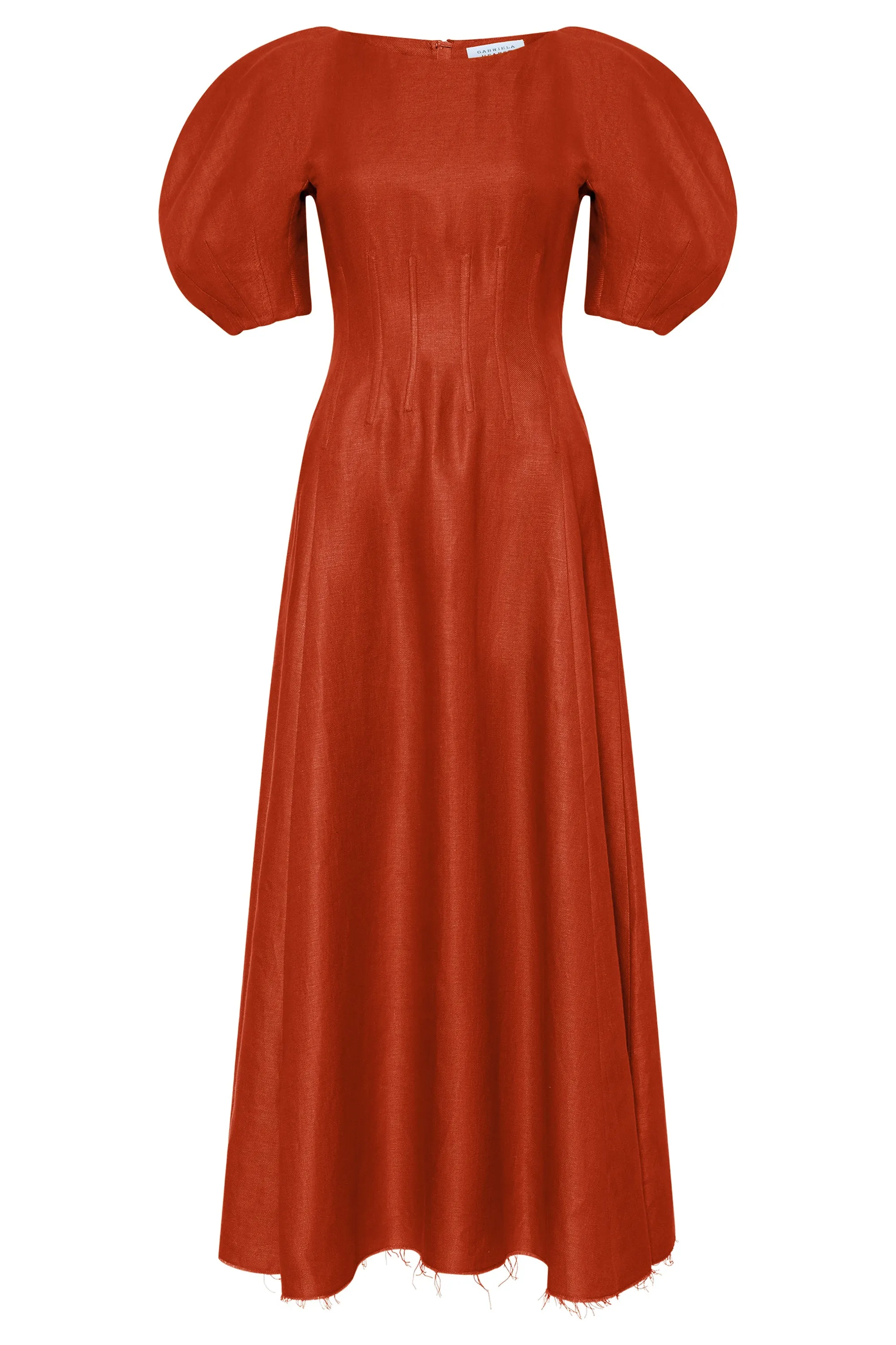 Ranya Puff Sleeve Maxi Dress in Antelope Orange Linen Twill sold by Gabriela Hearst