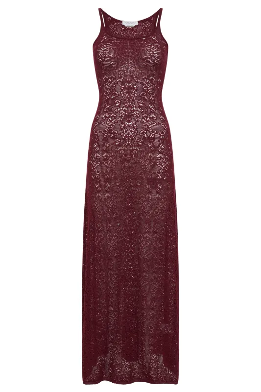 Meridian Lace Knit Maxi Dress in Bordeaux Merino Wool with Lining made by Gabriela Hearst