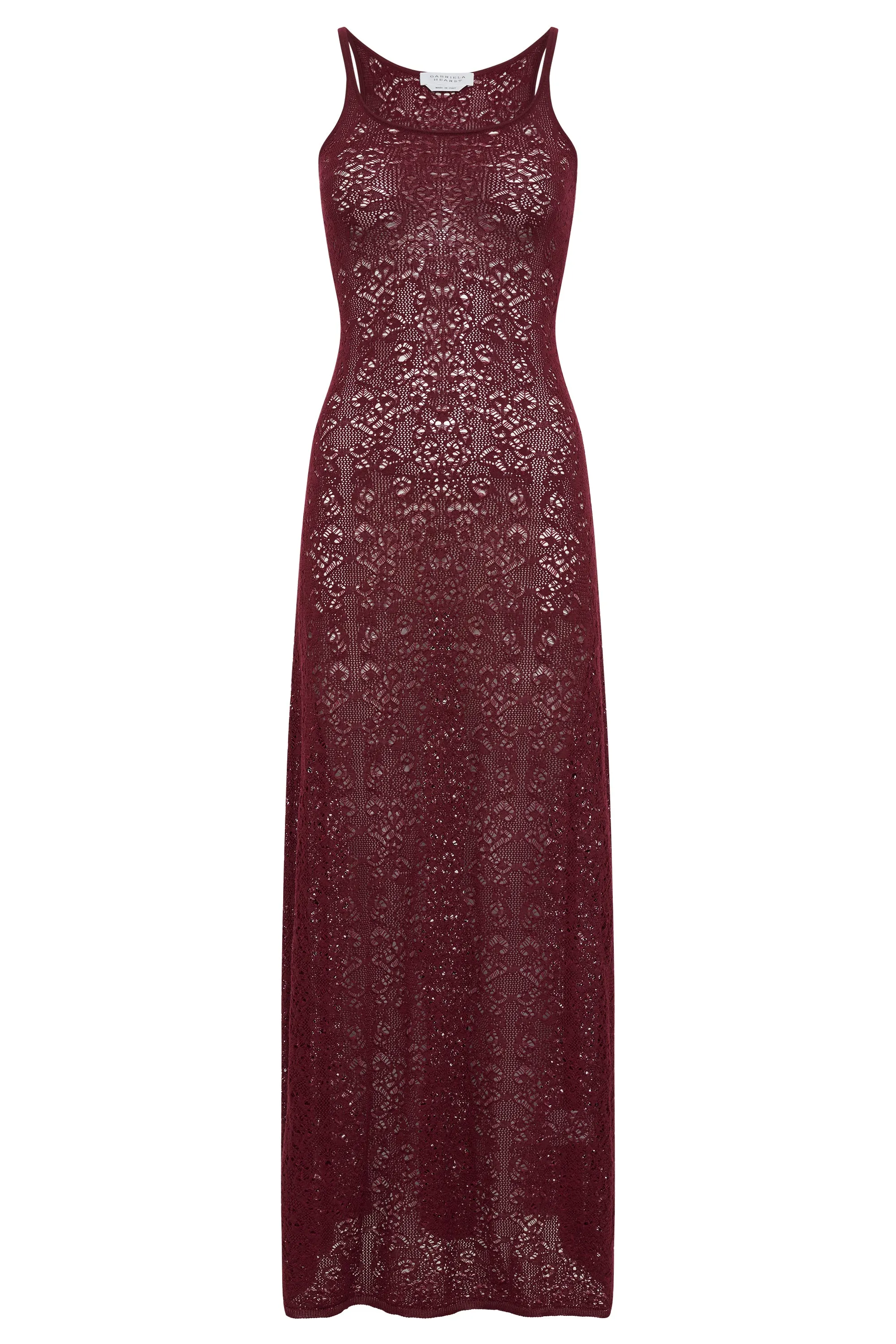 Meridian Lace Knit Maxi Dress in Bordeaux Merino Wool with Lining sold by Gabriela Hearst
