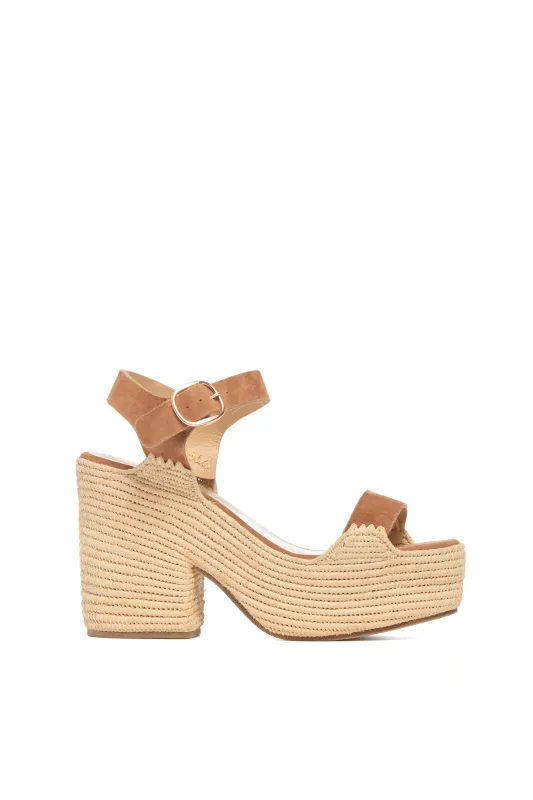 Sardis Platform Sandal in Camel Suede & Natural Raffia sold by Gabriela Hearst
