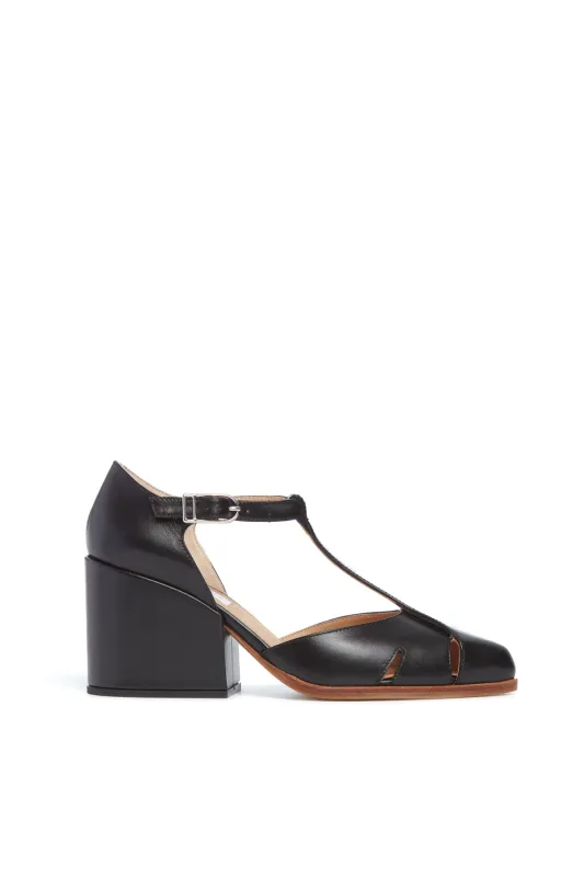 Hawes T-Strap Block Heel Pump in Black Leather sold by Gabriela Hearst