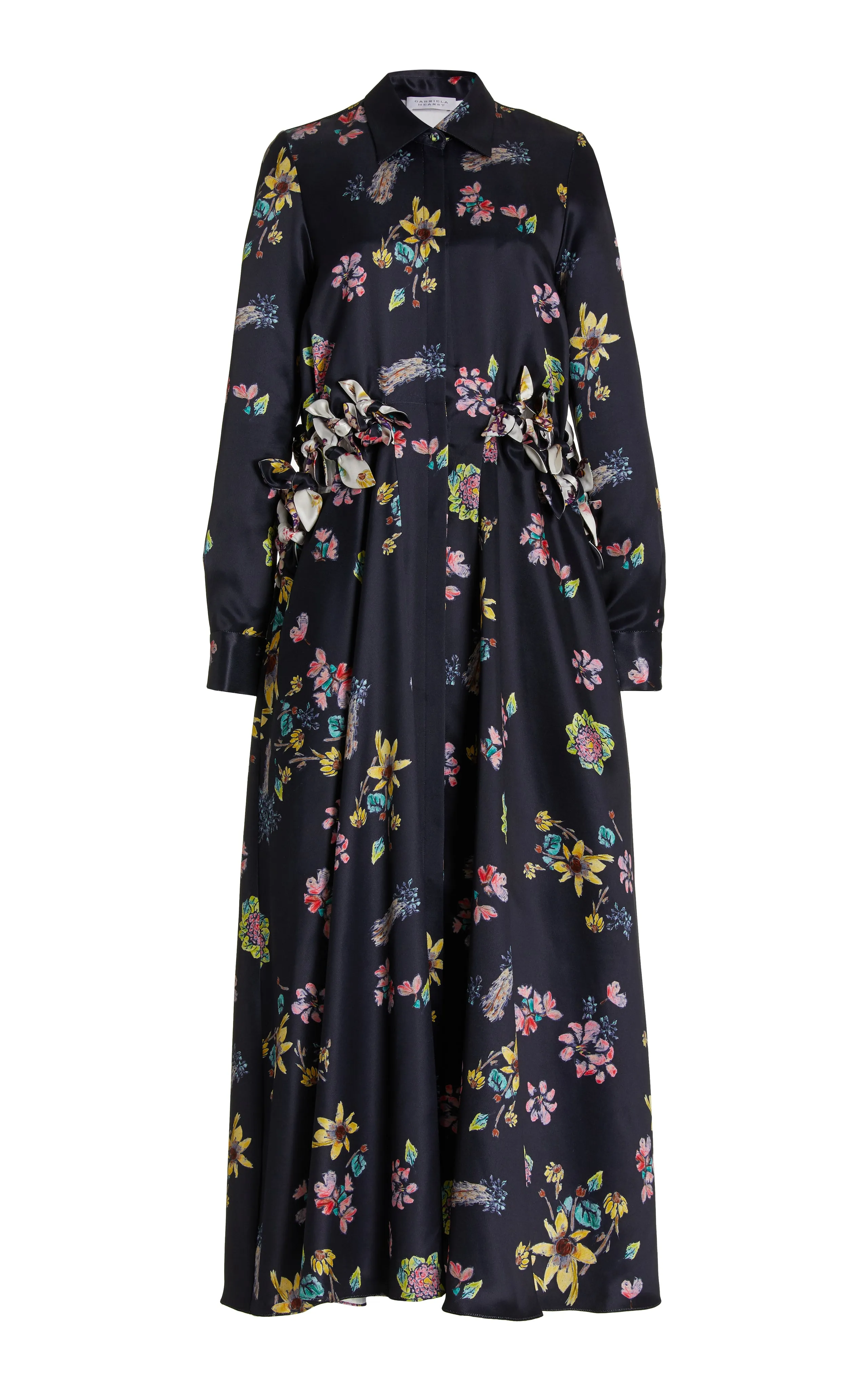 Clive Mia's Flowers Shirtdress in Dark Navy Multi Printed Silk Twill sold by Gabriela Hearst