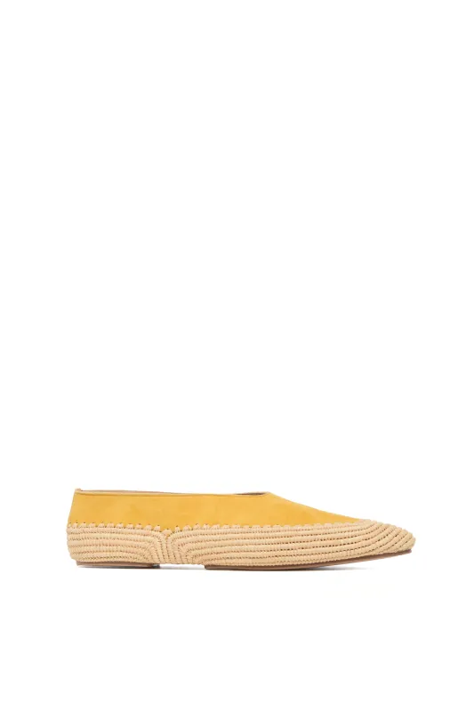 Strength Flat Shoe in Golden Birch Suede & Natural Raffia made by Gabriela Hearst