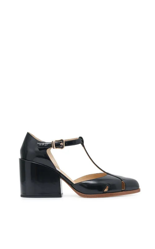 Evita T-Strap Heel in Black Leather made by Gabriela Hearst