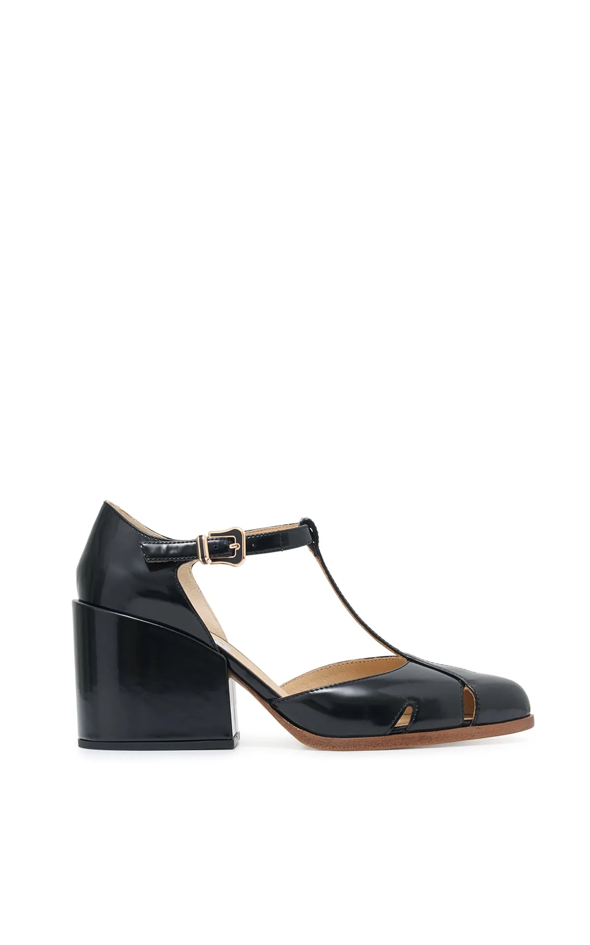 Evita T-Strap Heel in Black Leather sold by Gabriela Hearst