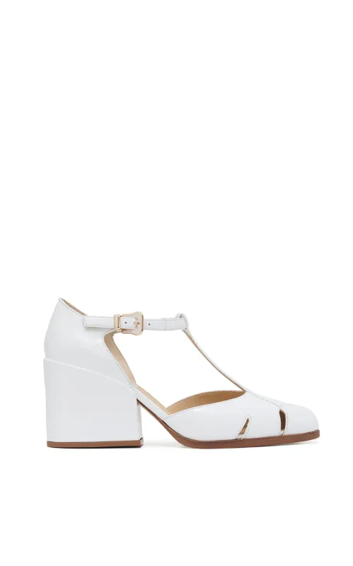 Evita T-Strap Heel in Pearlized White Leather sold by Gabriela Hearst