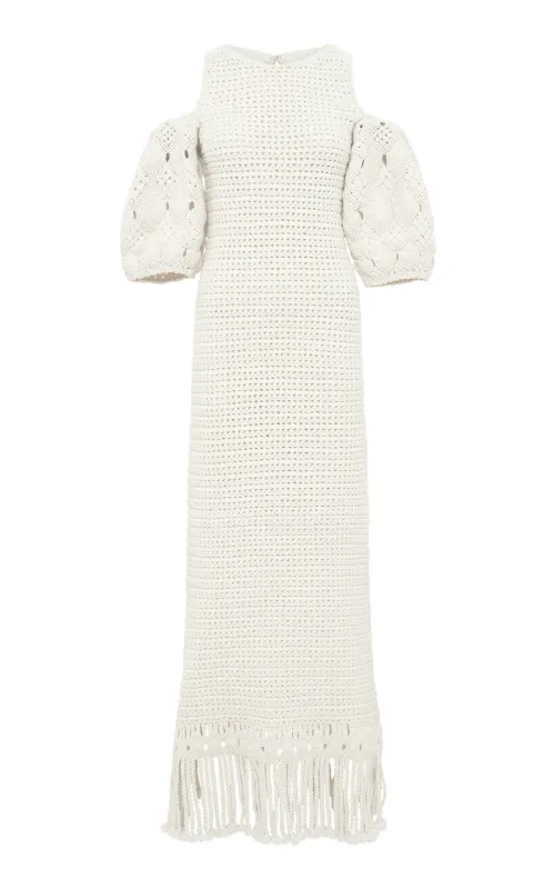 Levana Fringe Crochet Maxi Dress in Ivory Cashmere made by Gabriela Hearst