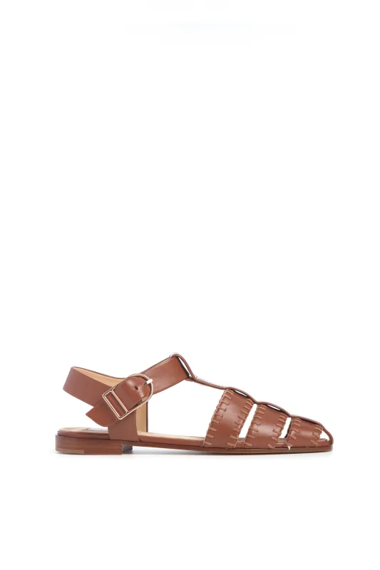 Lynn Flat Sandal in Cognac Nappa Leather with Stitch made by Gabriela Hearst