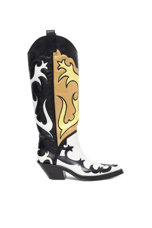 Capitana Hand Painted Cowboy Boot in Black, White & Yellow Leather made by Gabriela Hearst