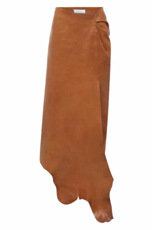 Entente Skirt in Cognac Vaquetta Leather with Pleat Detail made by Gabriela Hearst