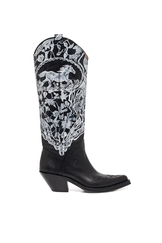 Capitana Hand Painted Cowboy Boot in Black & White Leather made by Gabriela Hearst