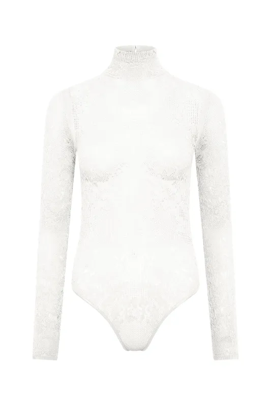 Feal Pointelle Lace Bodysuit in Ivory Silk Wool made by Gabriela Hearst