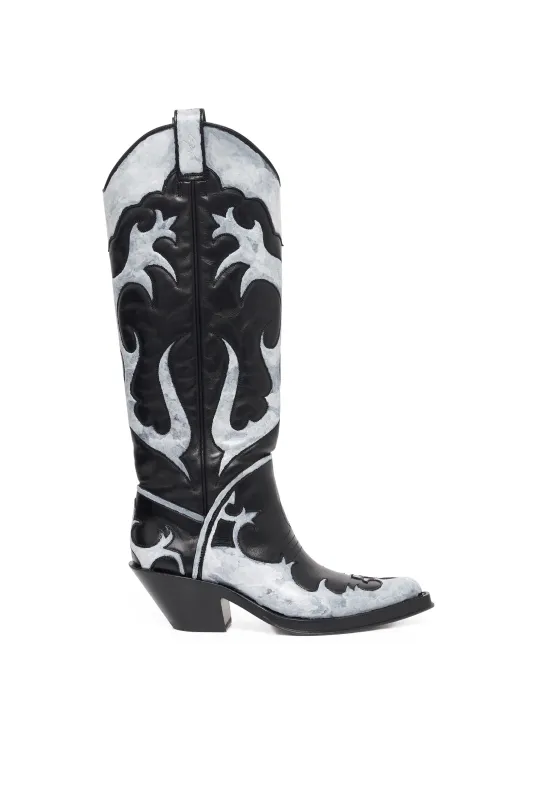 Capitana Hand Painted Cowboy Boot in Black & Ivory Leather made by Gabriela Hearst