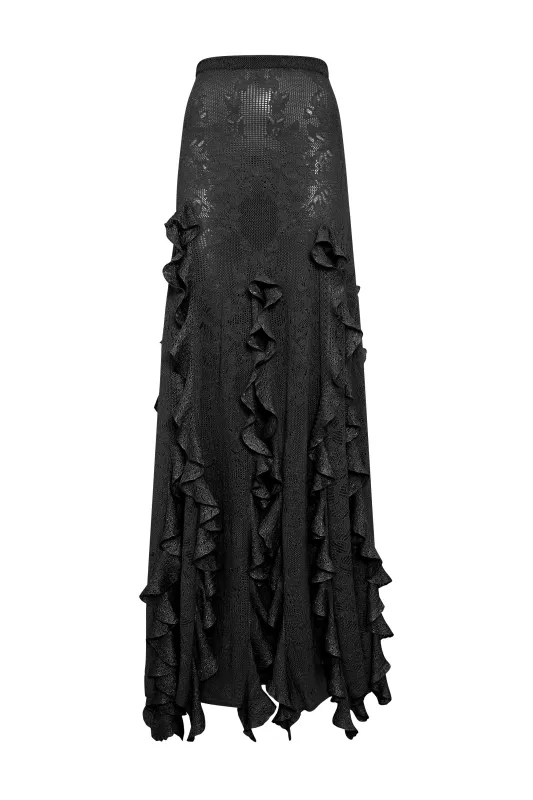 Garnet Pointelle Knit Lace Skirt in Black Silk Wool with Custom Ruffles made by Gabriela Hearst