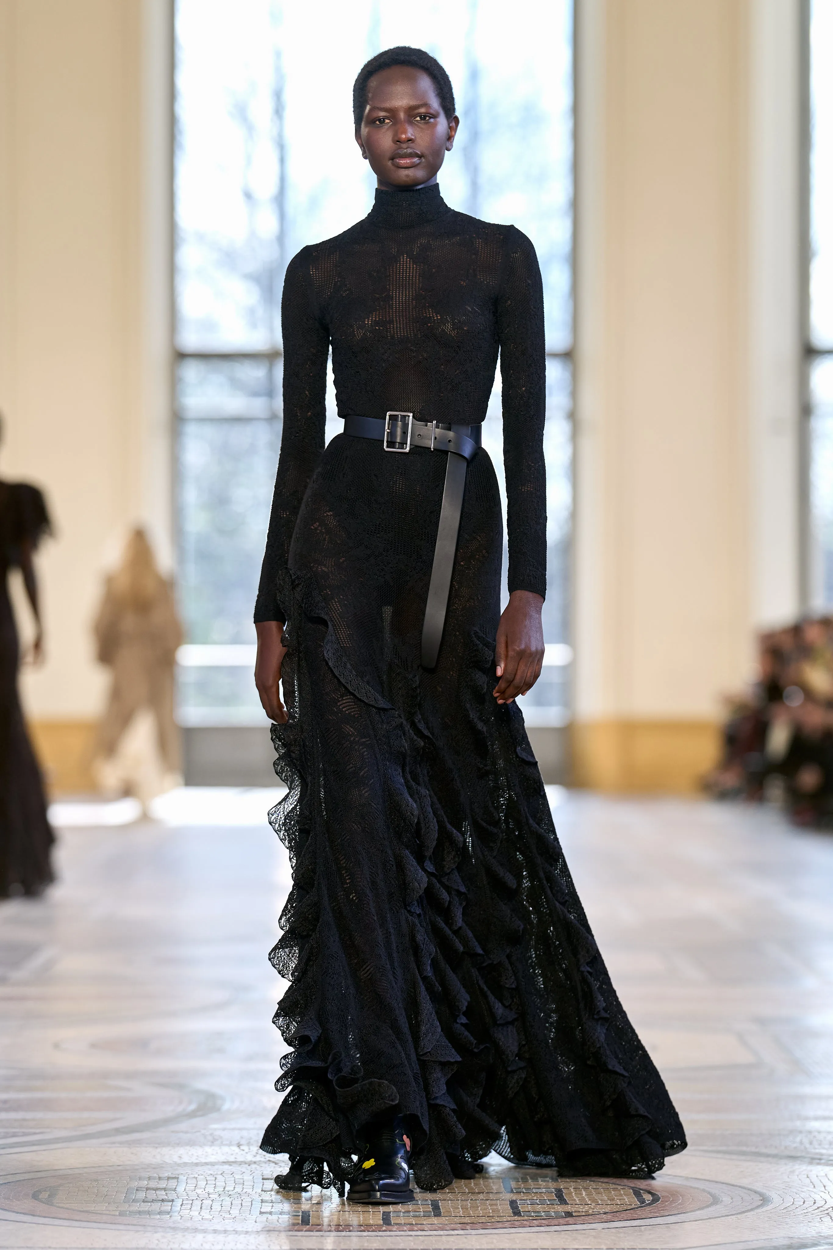 Garnet Pointelle Knit Lace Skirt in Black Silk Wool with Custom Ruffles sold by Gabriela Hearst product image thumbnail 2