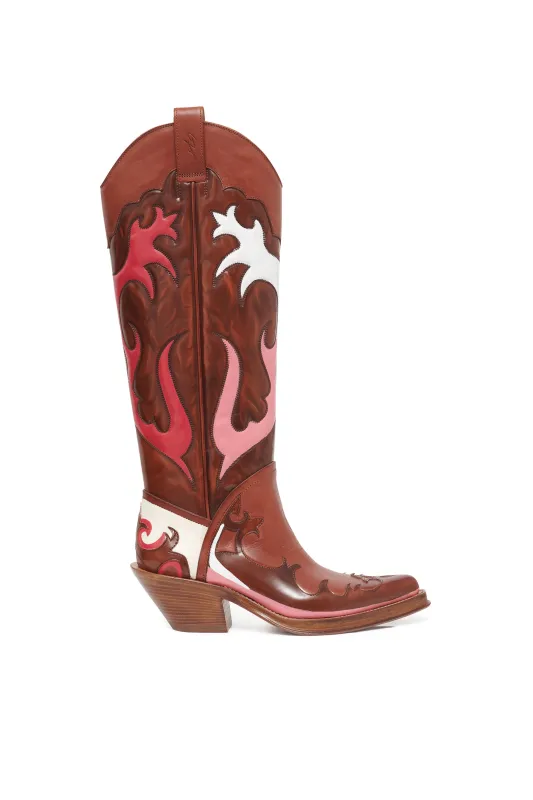 Capitana Hand Painted Cowboy Boot in Cognac & Pink Leather made by Gabriela Hearst