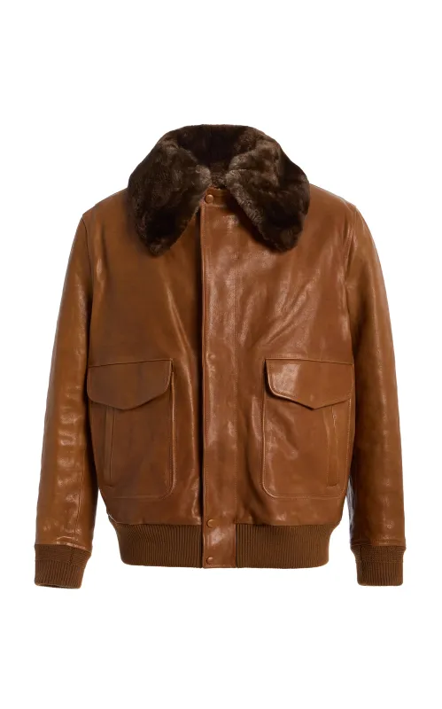Grant Men's Jacket in Cognac Vaquetta Leather with Shearling Collar made by Gabriela Hearst