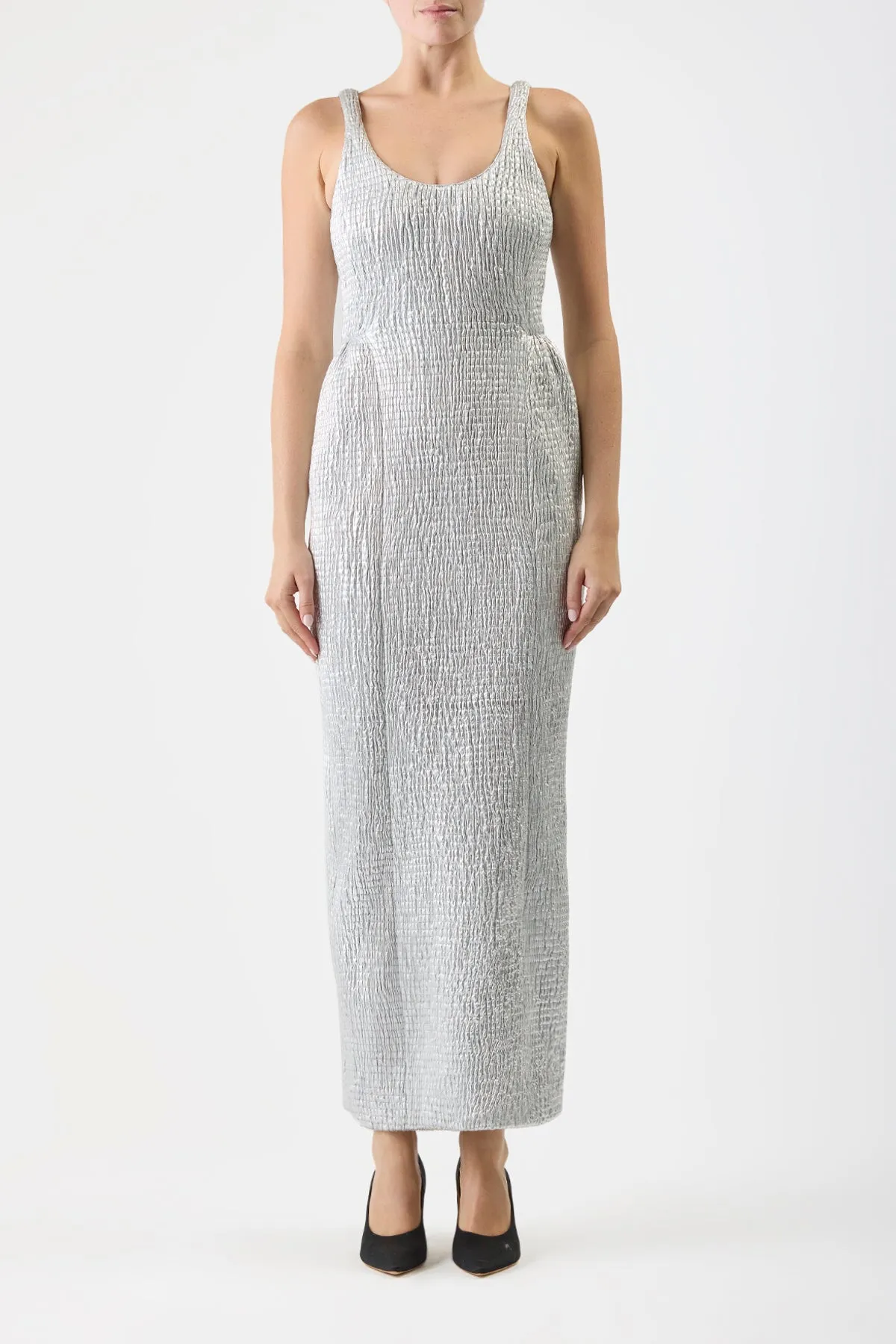 Girard Shirred Maxi Dress with Lining in Silver Metallic Nappa Leather sold by Gabriela Hearst product image thumbnail 3